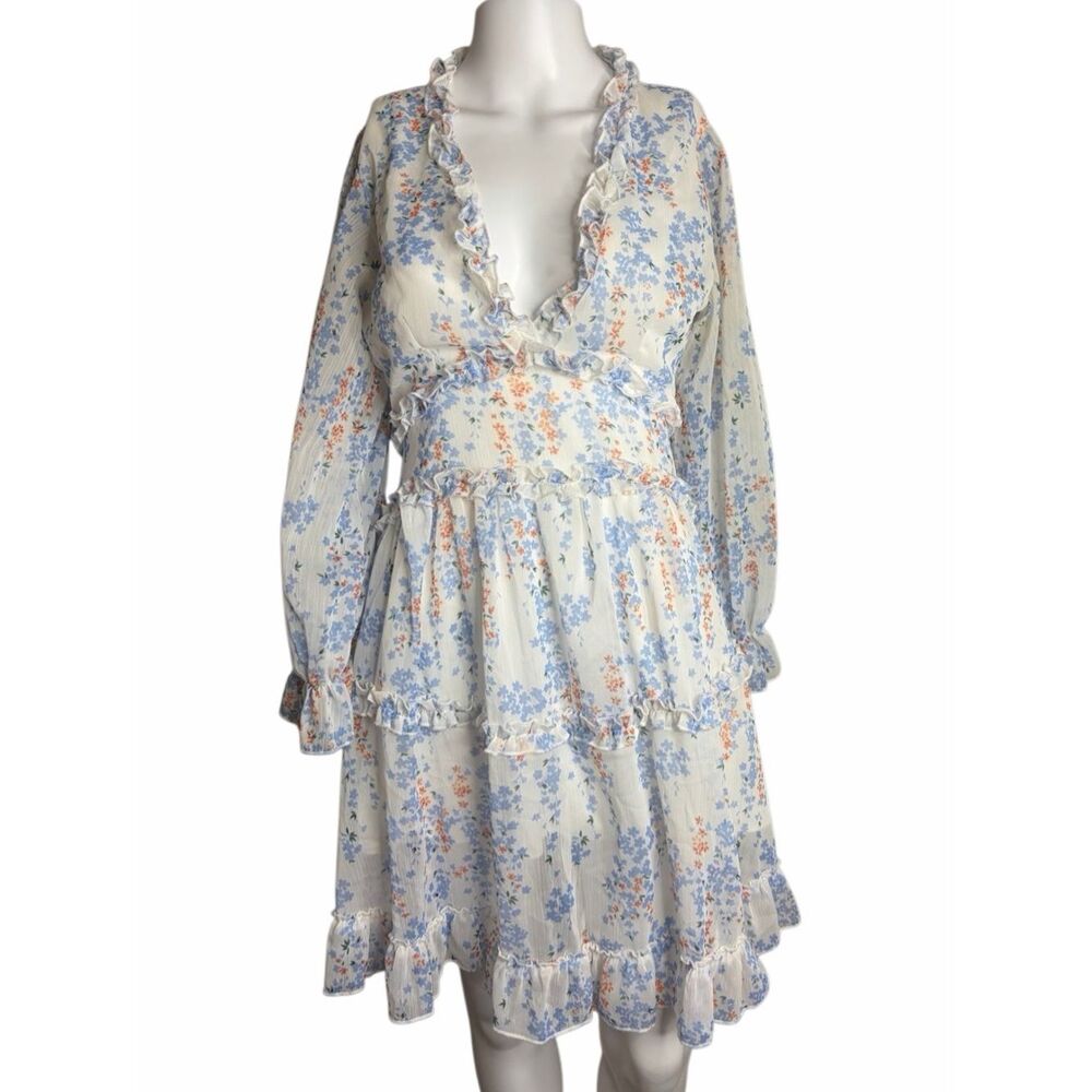 Conscious Floral Ruffle V-Neck Midi Dress White Blue Medium